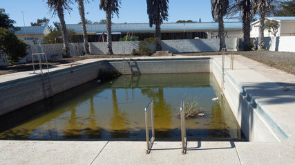 Neglected old swimming pool.  The pool is half full of water and there are fishing swimming in it....