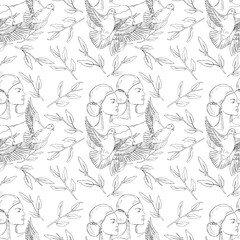 Graphic hand drawn Seamless Pattern of Women and pigeons on a white background. Perfect for textile, wallpaper, wrapping, postcard. 