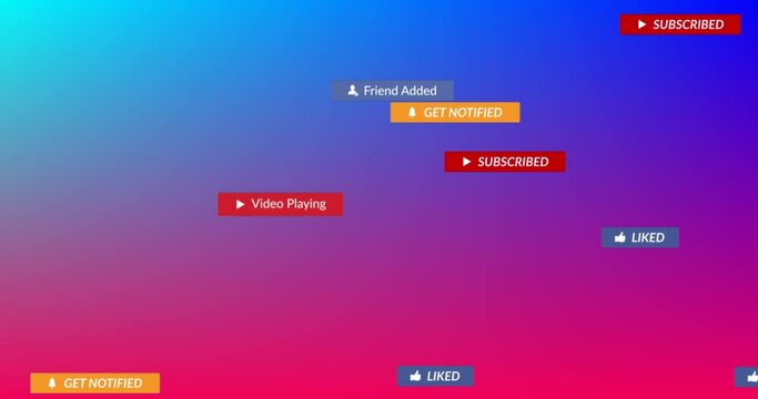 Animation of social media text on banners over blue to pink background