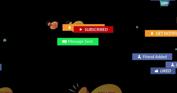 Animation of social media text on banners with emojis over black background