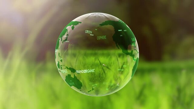 Environment word cloud world map glass orb rotation. Seamless looping.