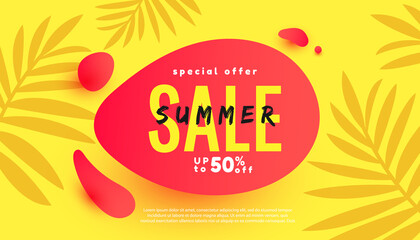 Summer sale bubble template banner for social networks, poster, advertisements, marketing advertising. Tropical background. Vector illustration