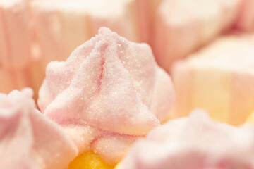 Colorful sweet jelly, pastel marshmallow and candies with sugar. Macro.