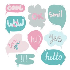 Vector clouds and hearts with inscriptions. Colorful fashion letters in various shapes. Creative freehand drawing kit. All elements are isolated