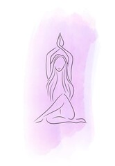 girl practicing healthy yoga linear silhouette drawing sitting with hands up