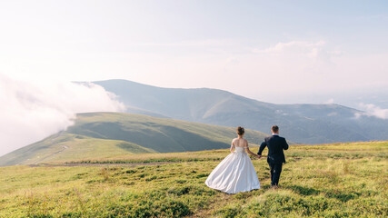 Stylish groom in a blue suit and a beautiful bride in a white dress are walking in nature, against the background of the hills, holding hands.