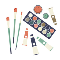 Vector set of art materials, palette, isolated supplies, pipes, brushes and paints. painting accessories, flat vector.