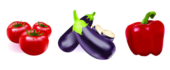 Set of fresh vegetables in realistic style with  tomato  eggplant  peppers   highlighted icons vector illustration. Isolated on a white background. Vegetarian food. Ripe juicy vegetable. Vector 