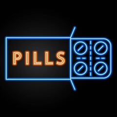 Pills neon sign, modern glowing banner design, colorful trend of modern design on black background. Vector illustration.