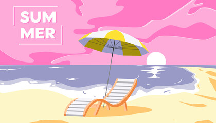 Deck chair on tropical beach near the sea shore. Summer Travel and Summer Vacation Postcard. Pink sunset on the sandy beach landscape vector illustration.