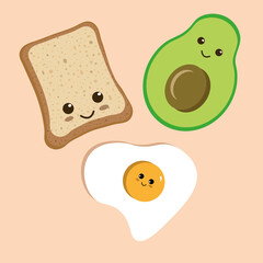 Bread with egg and avocado romantic moment. Cute mascot character. Kawaii bread vector illustration isolated on yellow background. Funny breakfast story.