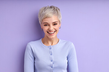 Joyous woman with short hair laughing, feeling happiness, have fun. Caucasian young adult female in casual shirt posing at camera, having perfect toothy smile. Human emotions concept