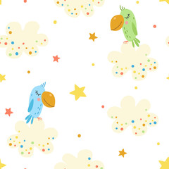 Seamless pattern with cartoon parrots, clouds and stars.