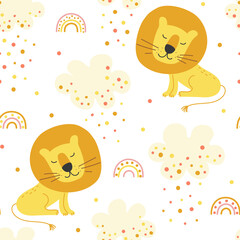 Seamless pattern with cute cartoon lion and clouds.