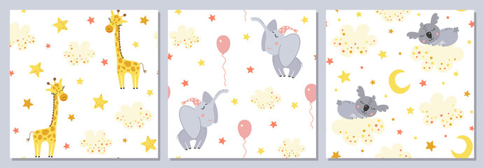 Fototapeta na wymiar Set of seamless pattern with cute cartoon animals in pastel color. Cute giraffe, baby elephant, koala, balloons, stars, clouds. Baby textile.