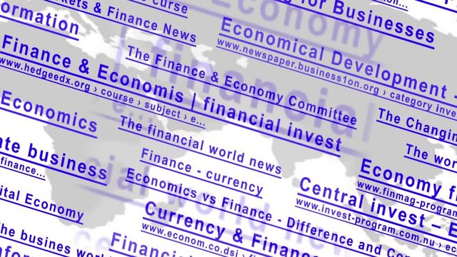 The links of imaginary no-existing websites for financial services and information with the Earth map move on a display, close up.