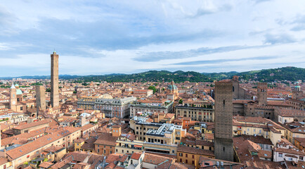 Cityscape of Bologna downtown with the Basilica of San Petronio, Re Enzo Palace with the Arengo Tower and the city hall. Emilia-Romagna, Italy, Europe