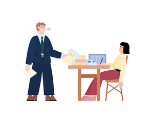 Aggressive boss shouting on employee, cartoon vector illustration isolated.