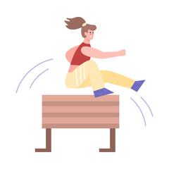 Woman jumping over obstacle or wooden barrier flat vector illustration isolated.