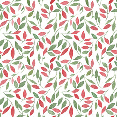 Watercolor Seamless Pattern with red and green Branches. Botanical background for textiles or wrapping paper. Isolated elements on white backdrop