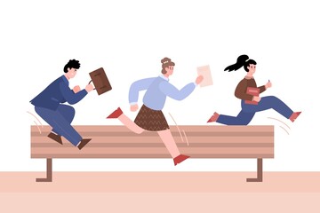 Purposeful business people jumping over barrier, vector illustration isolated.
