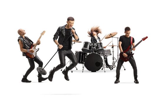Music band with a male singer jumping with a microphone