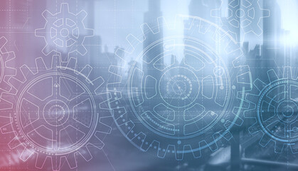 Gears on modern architecture background. Business processes concept