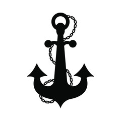 Anchor black vector icon. Vector icon of black anchor with chain in flat style. Vector icon of chain sea anchor. Chain around the anchor icon. Vector illustration.