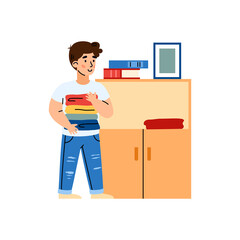 Boy putting clean clothes in dresser, cartoon vector illustration isolated.