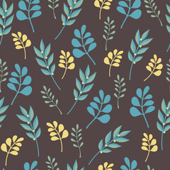 Floral seamless pattern of the branches. Leaves on grey background Vector seamless pattern. Botanical print in trendy colors. Floral ornament for textile, fabric, wallpaper, wrapping paper, design and