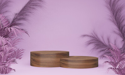 Purple abstract 3d background with wood platform for mockups