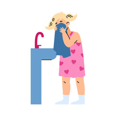 Girl wipes face and hands with towel, cartoon vector illustration isolated.