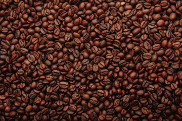 Close-up of horizontal shot of fresh coffee beans