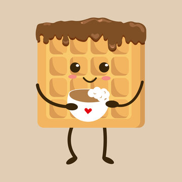 Kawaii Belgium  waffles  with pink cheeks and winking eyes, pastel colors on white or pink background. Vector illustration. Waffle with cup of coffee, cocoa, pudding. Waffles in icing.