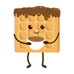 Kawaii Belgium  waffles  with pink cheeks and winking eyes, pastel colors on white or pink background. Vector illustration. Waffle with cup of coffee, cocoa, pudding. Waffles in icing.