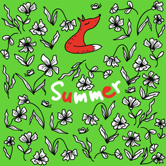 Summer pattern flowers and a fox on a green background. Perfect for scrapbooking, greeting card, textile and prints. Hand drawn vector illustration.
