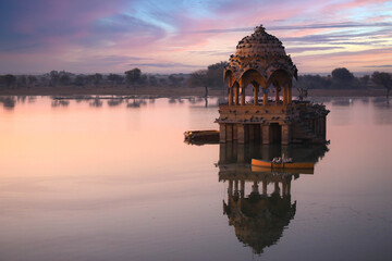 Soft focus on Gadisar lake peaceful scene in the morning at sunrise,  Jaisalmer, India