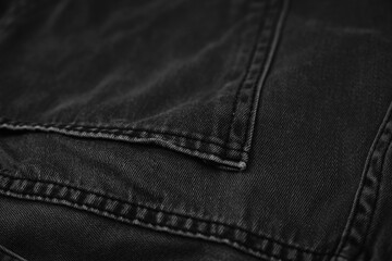 Pocket details of black jeans. Sewing details of black jeans.