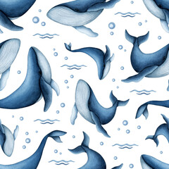 Watercolor Blue Whale seamless pattern. Hand drawn Sea Life illustration. Oceanic wild Underwater Animal, waves, bubbles. Marine background for design cute kids prints, textile, fabric, scrapbooking