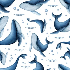 Zelfklevend Fotobehang Oceaandieren Aquarel blauwe vinvis naadloze patroon. Hand getekend Sea Life illustratie. Oceanisch wild onderwaterdier, golven, bubbels. Mariene achtergrond voor ontwerp schattige kinderen prints, textiel, stof, scrapbooking