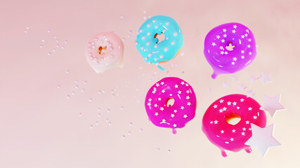 3d render  donuts and star. Colored stylized donuts. Glazed donuts