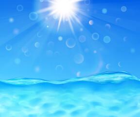 Naklejka na ściany i meble Background with sea wave, blue sky, sun, rays and lens flare
