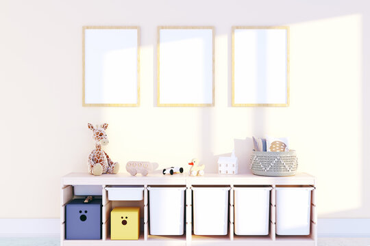 Baby nursery with three wooden frames mockup and toys. Neutral baby interior. Child room mockup.