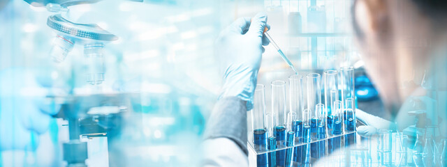banner background of health care researchers working in life science laboratory, medical science...