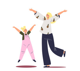 Fototapeta na wymiar Cheerful mom and daughter jump up in air. Happy smiling joyful mother and little girl kid jumping