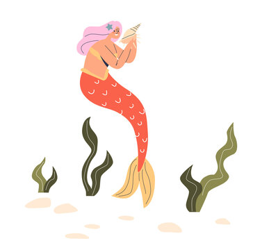 Cartoon mermaid with long pink hair and fish tail holding sea shell underwater