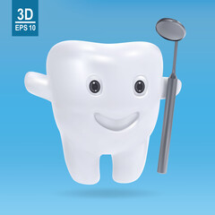 3d happy tooth. Cartoon dental character. Cute dentist mascot with mirror. Oral health and dental inspection teeth. Medical dentist tool.