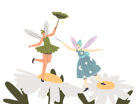 Cute magic fairies with white wings on chamomile. Tiny elves or forest pixies cartoon characters