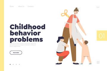 Childhood behavior problems concept of landing page with sleepless mother tired of two kids