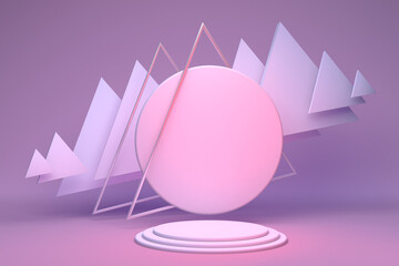 Empty pastel pink cylinder podium with triangle frame. Abstract minimal studio 3d geometric shape object. Mockup space for display of product design. 3d rendering.